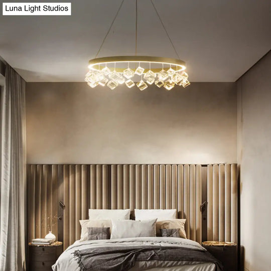 Postmodern Metal Gold Pendant Light With Led Warm/White & Crystal Drop