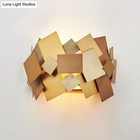 Postmodern Metal Stacked Panel Sconce Light Fixture - 1 Gold Finish Wall Lamp For Living Room