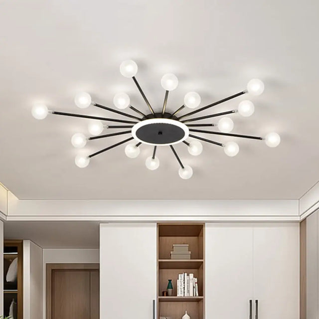 Postmodern Starburst Flushmount Lighting - Frosted Glass 18-Light Ceiling Light Black/Gold Black