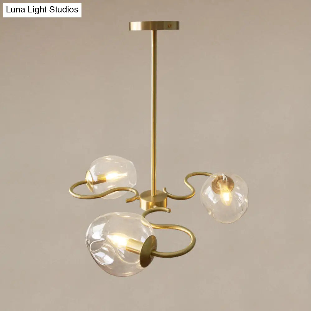 Postmodern Transparent Glass 3-Light Flush Mount Chandelier For Bedroom In Brass