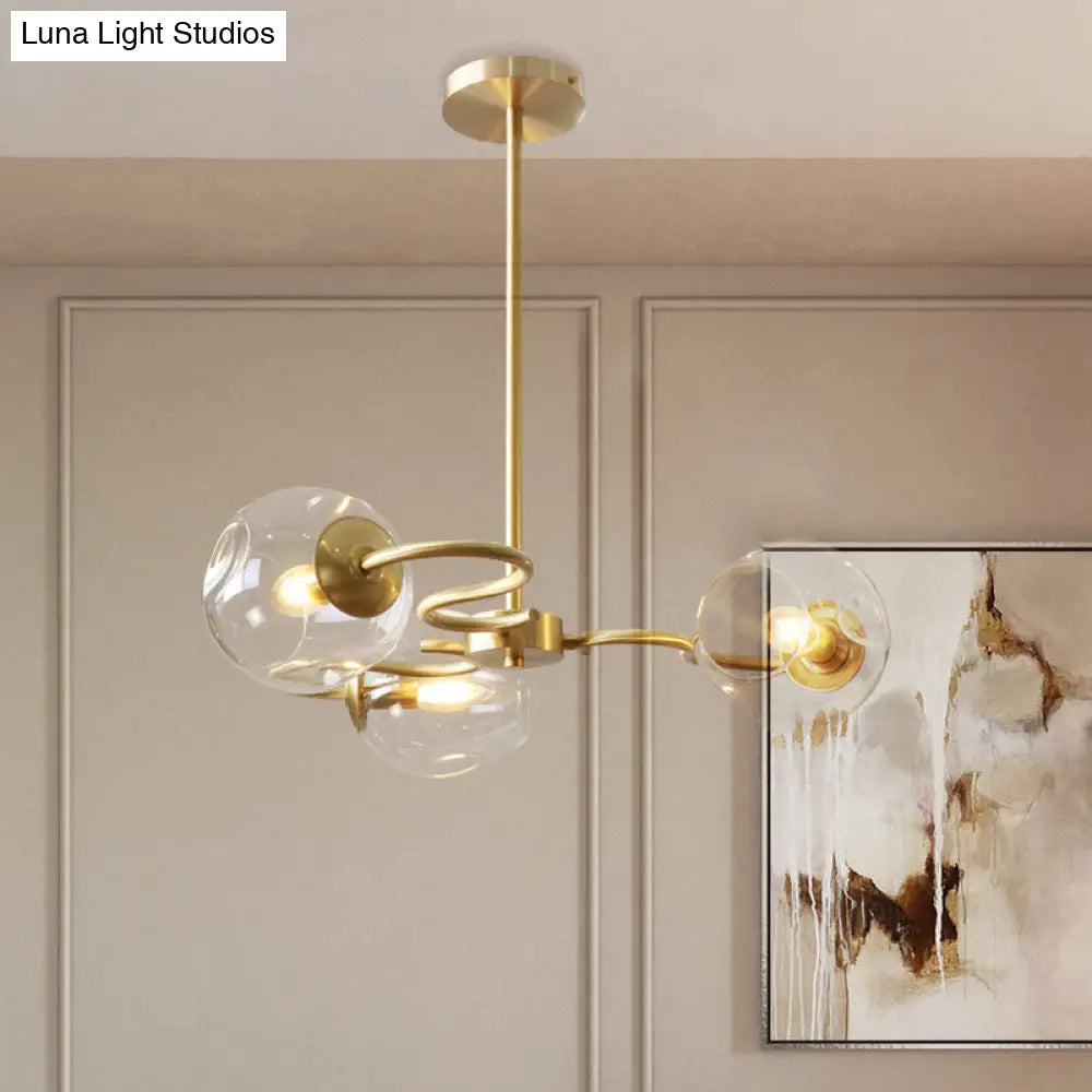 Postmodern Transparent Glass 3-Light Flush Mount Chandelier For Bedroom In Brass