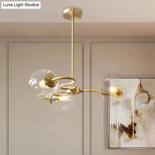 Postmodern Transparent Glass 3-Light Flush Mount Chandelier For Bedroom In Brass