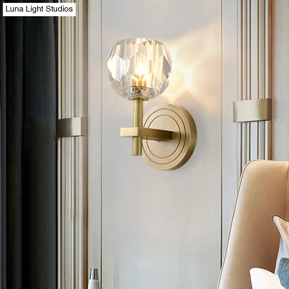 Postmodern Water Glass/Cut Crystal 1-Bulb Gold Wall Sconce Lamp - Cylinder/Ball Shape For Living