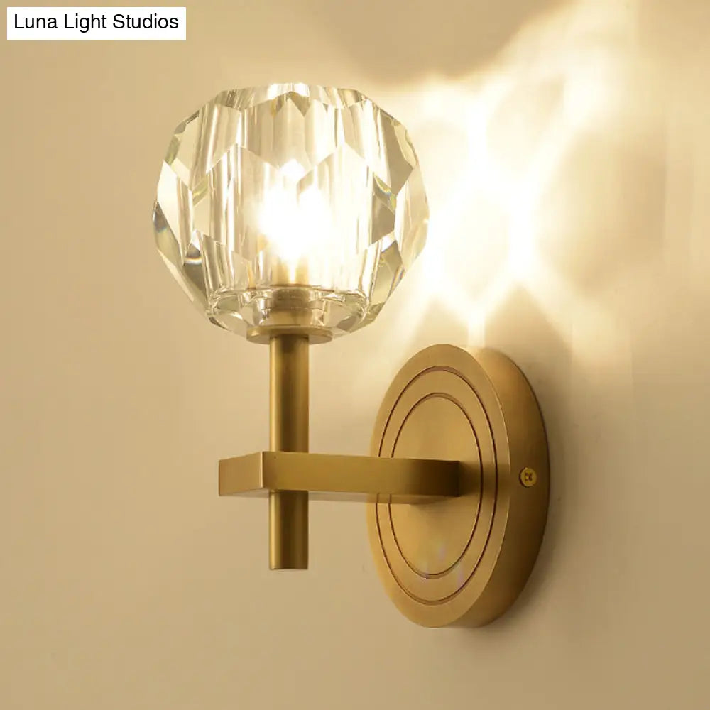 Postmodern Water Glass/Cut Crystal 1-Bulb Gold Wall Sconce Lamp - Cylinder/Ball Shape For Living