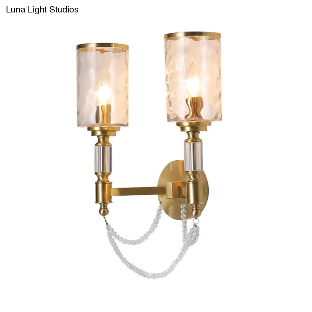 Postmodern Water Glass Wall Sconce Light With Crystal Accents - Brass Finish