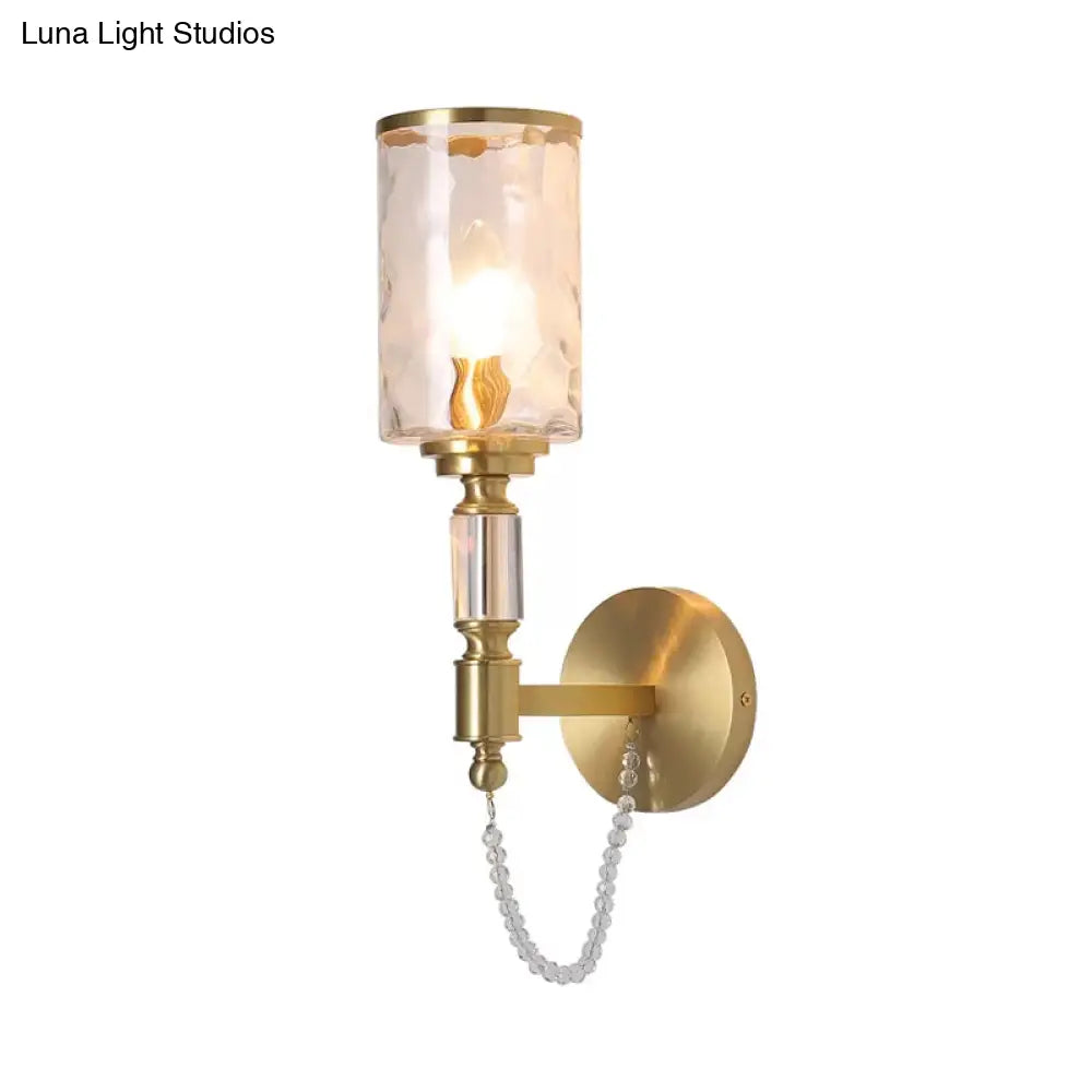 Postmodern Water Glass Wall Sconce Light With Crystal Accents - Brass Finish