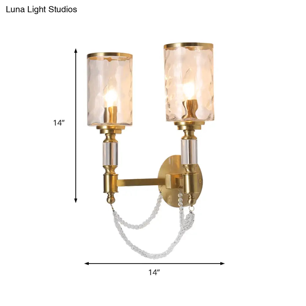 Postmodern Water Glass Wall Sconce Light With Crystal Accents - Brass Finish