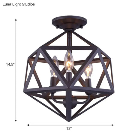 Prism Cage Metallic Semi Flush Light - Industrial Style 3 Bulb Ceiling Lamp Bronze Finish