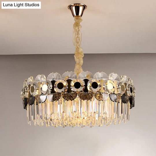 Contemporary Gold Round Chandelier With Clear Crystal Prismatic Bulbs - Ideal For Living Room Or
