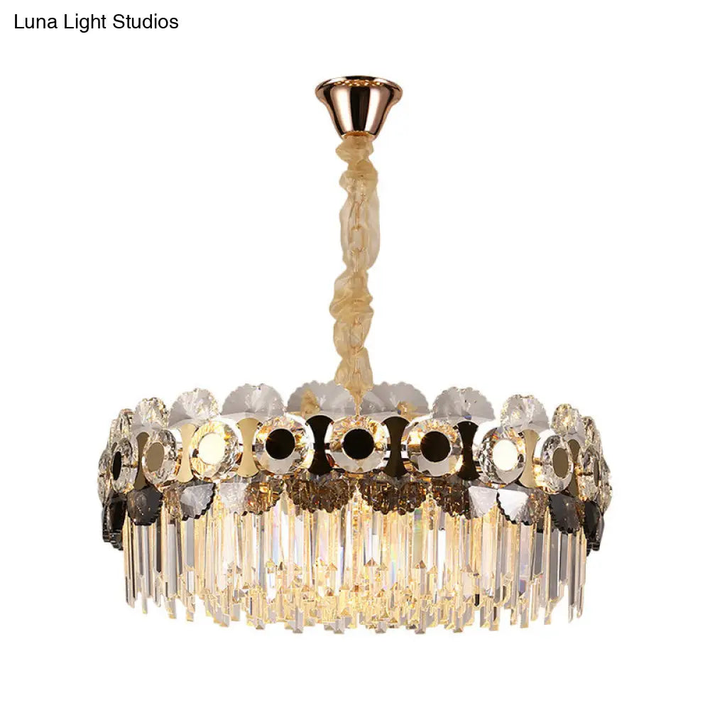Contemporary Gold Round Chandelier With Clear Crystal Prismatic Bulbs - Ideal For Living Room Or