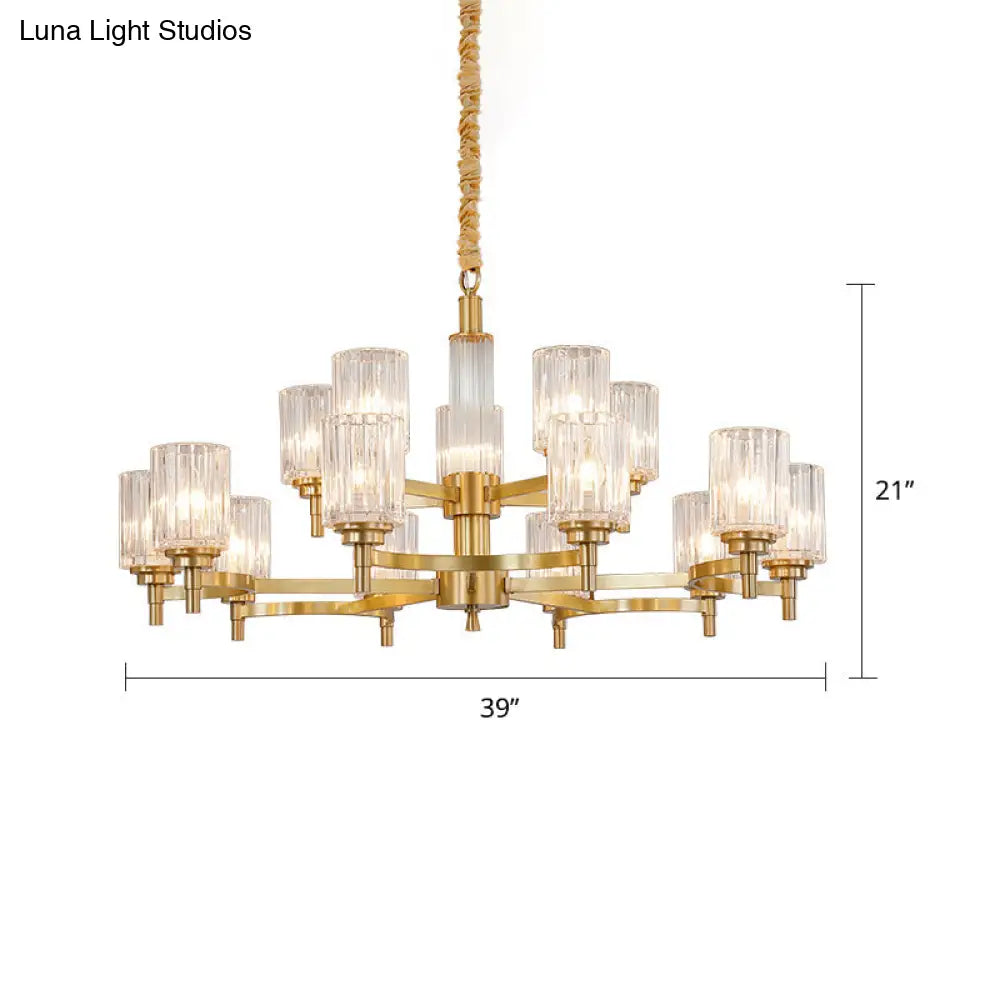 Prismatic Crystal Glass Brass Chandelier: Minimalistic Cylindrical Suspension Light For Restaurants