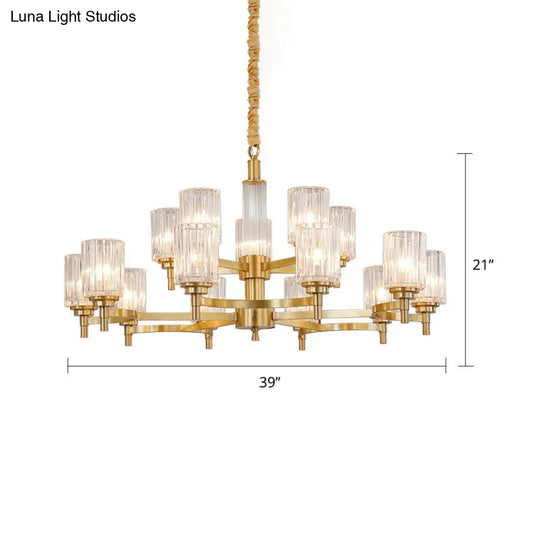 Prismatic Crystal Glass Brass Chandelier: Minimalistic Cylindrical Suspension Light For Restaurants