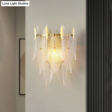 Prismatic Crystal Leaf Wall Sconce - Minimalist Gold Light Fixture (2 Lights)