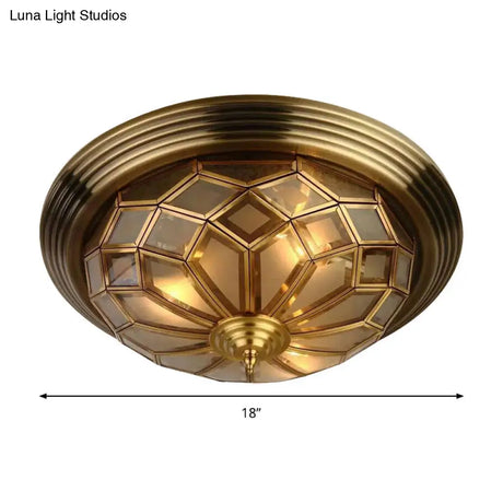 Prismatic Frosted Glass Flush Light Fixture - 3/4 Lights Bedroom Lighting In Brass 14 - 18’ Wide