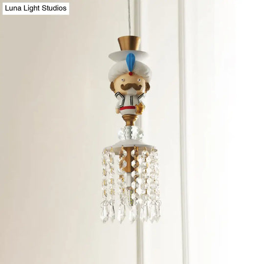 Puppet Bedroom Hanging Light Fixture - Modern Pendant Lighting In White With Crystal Drop Metal 1/3