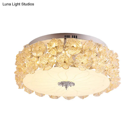 Purple/White Led Flush Light Ceiling Lamp With Crystal Flower Accents