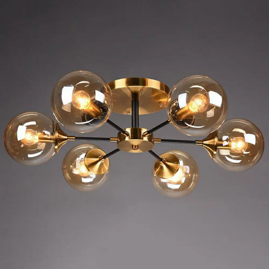 Radial Flush Mount Black And Brass Ceiling Light With Glass Ball Shade 6 / Amber