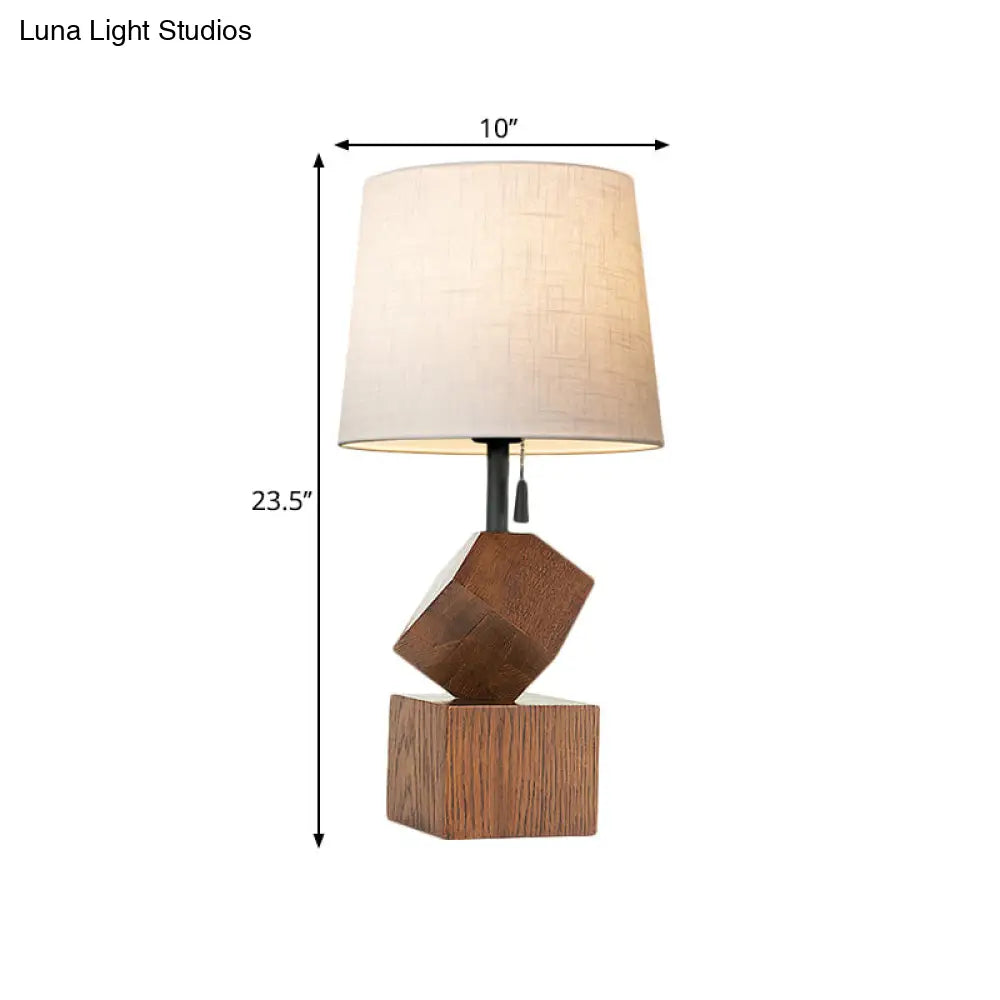 Beige/Brown Barrel Nightstand Lamp With Wood Cubic Base