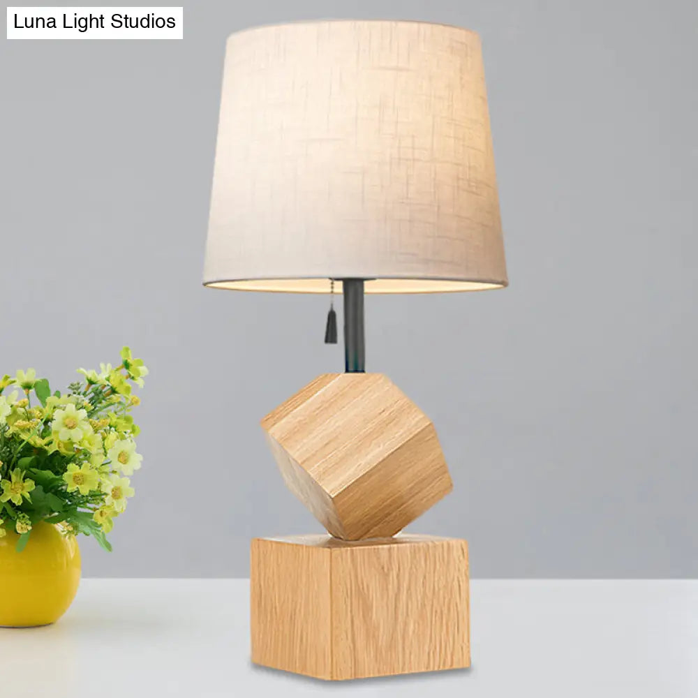 Beige/Brown Barrel Nightstand Lamp With Wood Cubic Base