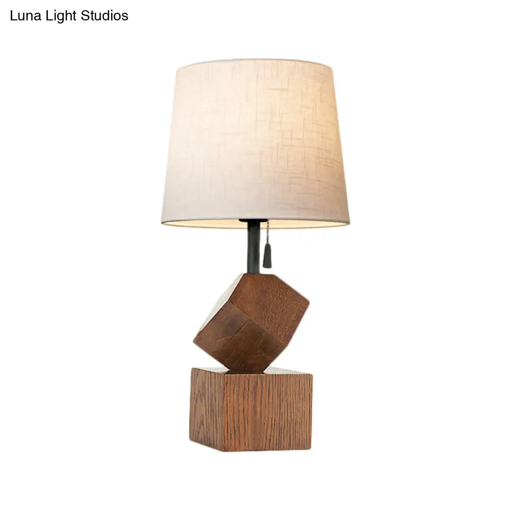 Beige/Brown Barrel Nightstand Lamp With Wood Cubic Base
