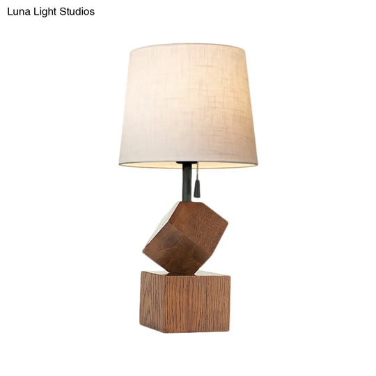 Beige/Brown Barrel Nightstand Lamp With Wood Cubic Base