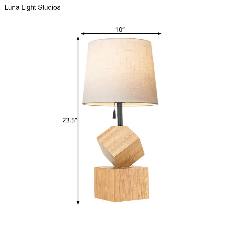 Beige/Brown Barrel Nightstand Lamp With Wood Cubic Base