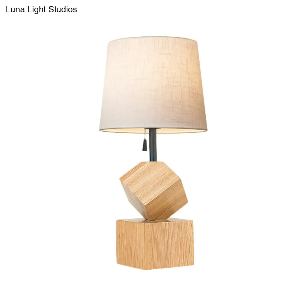Beige/Brown Barrel Nightstand Lamp With Wood Cubic Base