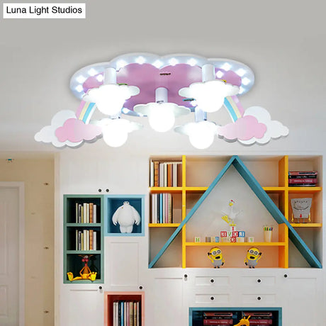 Rainbow Girl’s Wood Ceiling Lamp: Pink 5 - Light Cartoon Flush Mount With Open Bulb Design