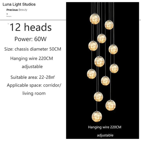 Raloo - Modern Led Glass Ball Chandelier 12 Heads / Transparent Glass Cold White