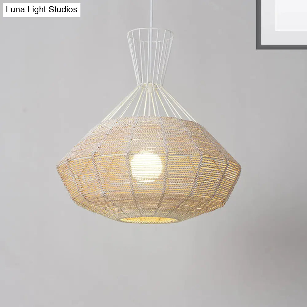 Rattan Diamond Suspension Ceiling Light - Traditional Wood Hanging Lamp 1 Bulb 14/18 Wide