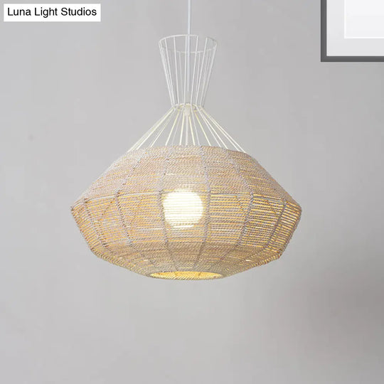 Rattan Diamond Suspension Ceiling Light - Traditional Wood Hanging Lamp 1 Bulb 14/18 Wide