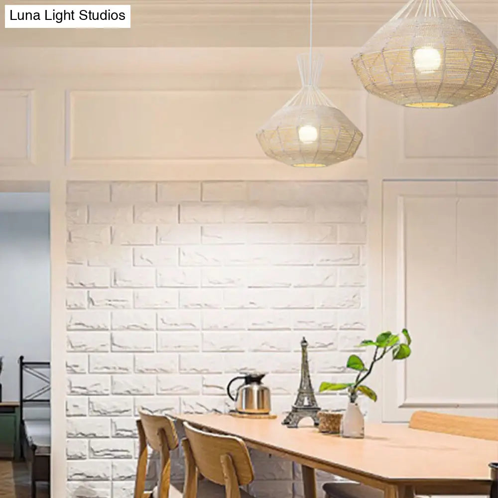 Rattan Diamond Suspension Ceiling Light - Traditional Wood Hanging Lamp 1 Bulb 14/18 Wide