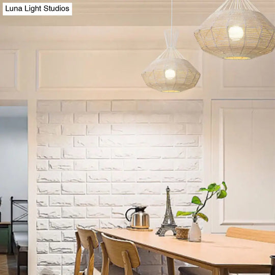 Rattan Diamond Suspension Ceiling Light - Traditional Wood Hanging Lamp 1 Bulb 14/18 Wide