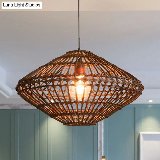 Rattan Disc Pendant Light - Asian Style Single Head Hanging Lamp In Brown