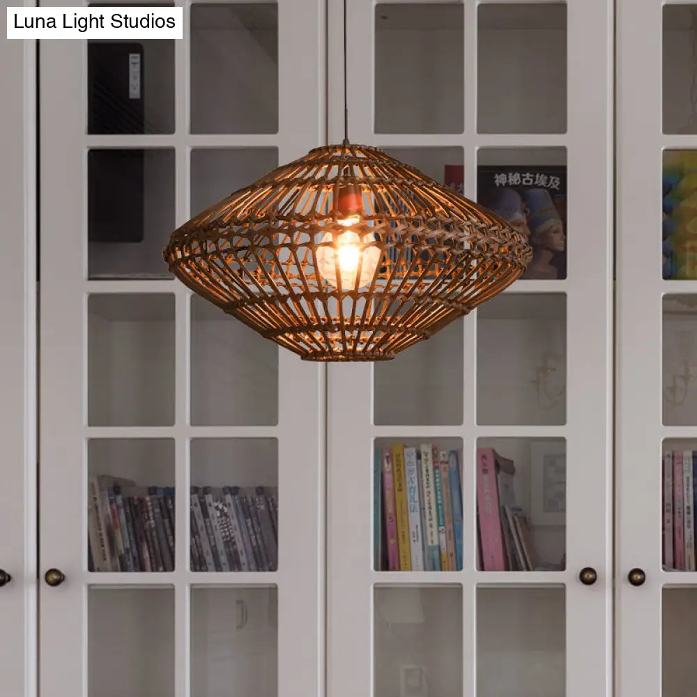 Rattan Disc Pendant Light - Asian Style Single Head Hanging Lamp In Brown