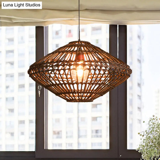 Rattan Disc Pendant Light - Asian Style Single Head Hanging Lamp In Brown