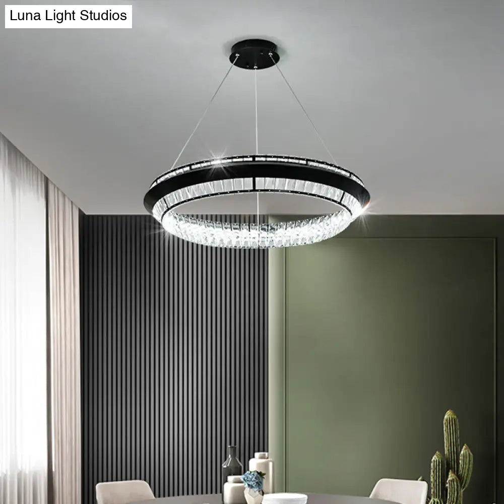 Rectangle-Cut Crystal Led Ring Chandelier In Contemporary Black