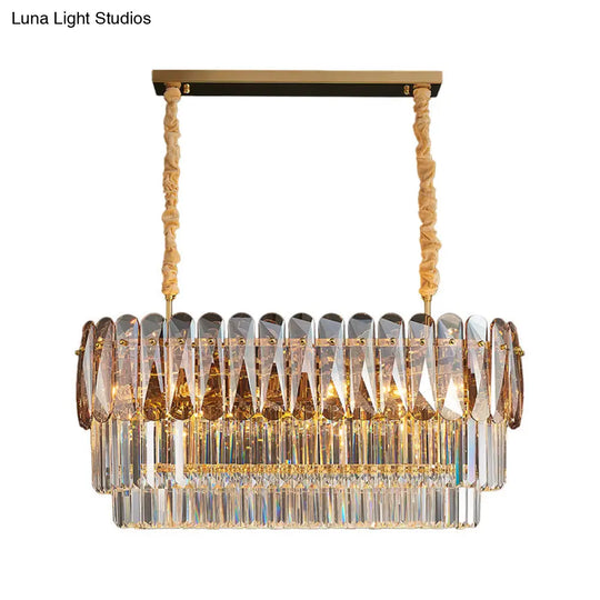 Rectangular Dining Room Pendant - 3-Tier Amber/Smoke Gray Crystal Block Contemporary Island Lamp