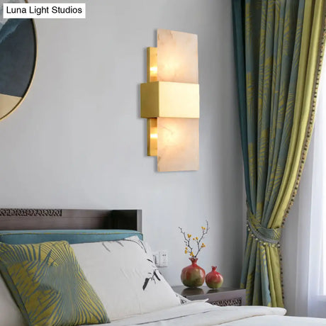 Rectangular Flush Mount Gold Marble Wall Sconce Lighting - Set Of 2 Bulbs Ideal For Living Room