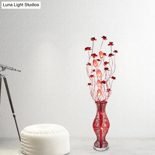 Red Curvy Floral Aluminum Led Floor Lamp With Urn Pedestal - Stylish Bedroom Decor