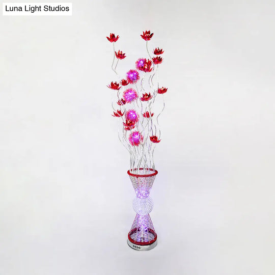 Red Led Aluminum Floor Lamp With Curved Stick And Floret: Art Decor Hourglass Light