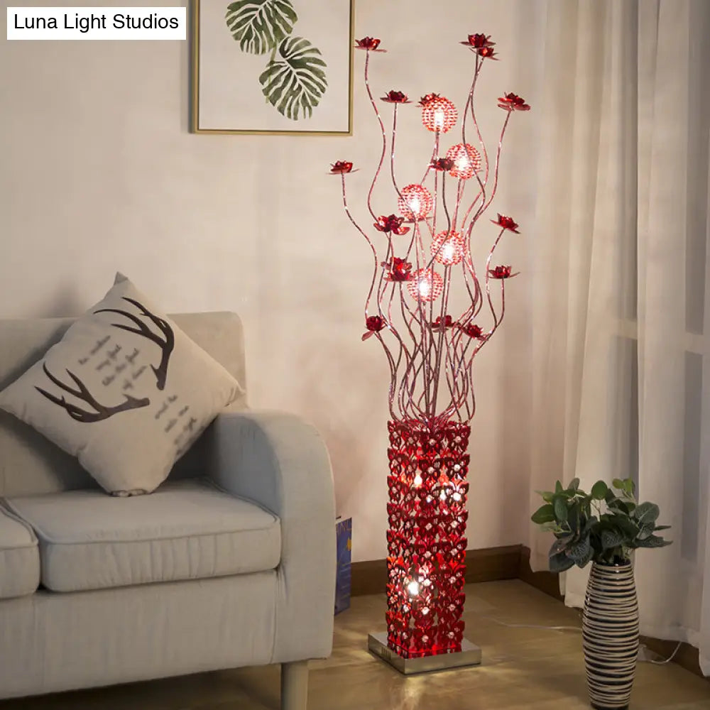 Red Led Flower Décor Floor Lamp - Metal Cuboid Standing Light With Crystal Embellishments