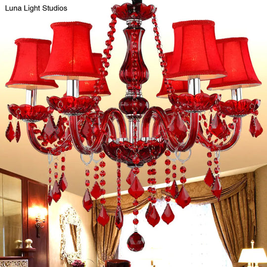 Red Modernist Flared Chandelier: K9 Crystal 6 Bulbs Living Room Pendant