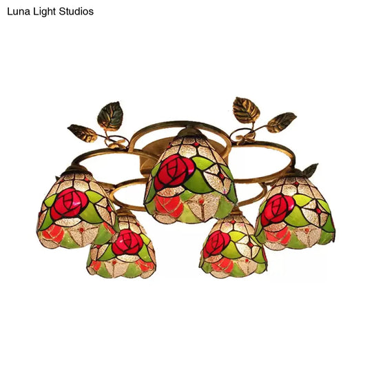 Red Rose Stained Glass Ceiling Light Fixture Tiffany Style Semi Flush 5 - Light With Bell Shade For