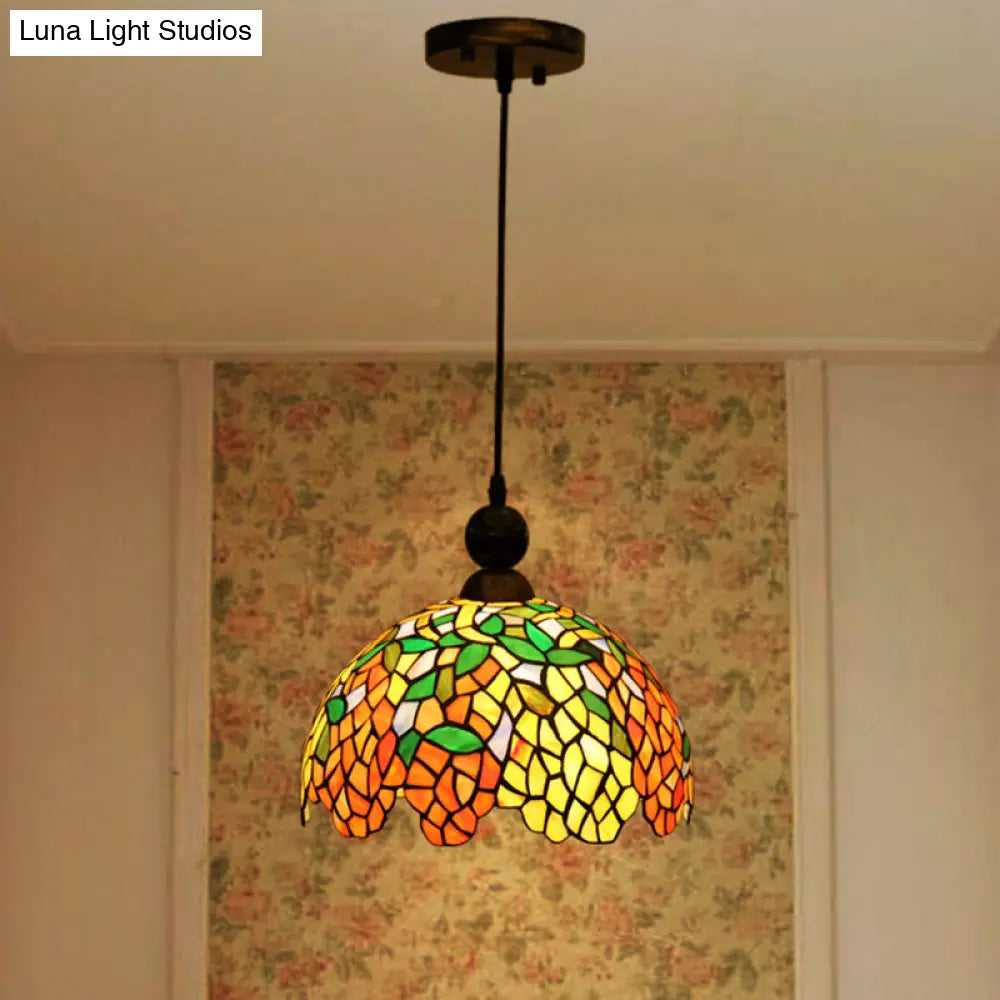 Mediterranean Stained Glass Dome Pendant Ceiling Light For Kitchen - Red
