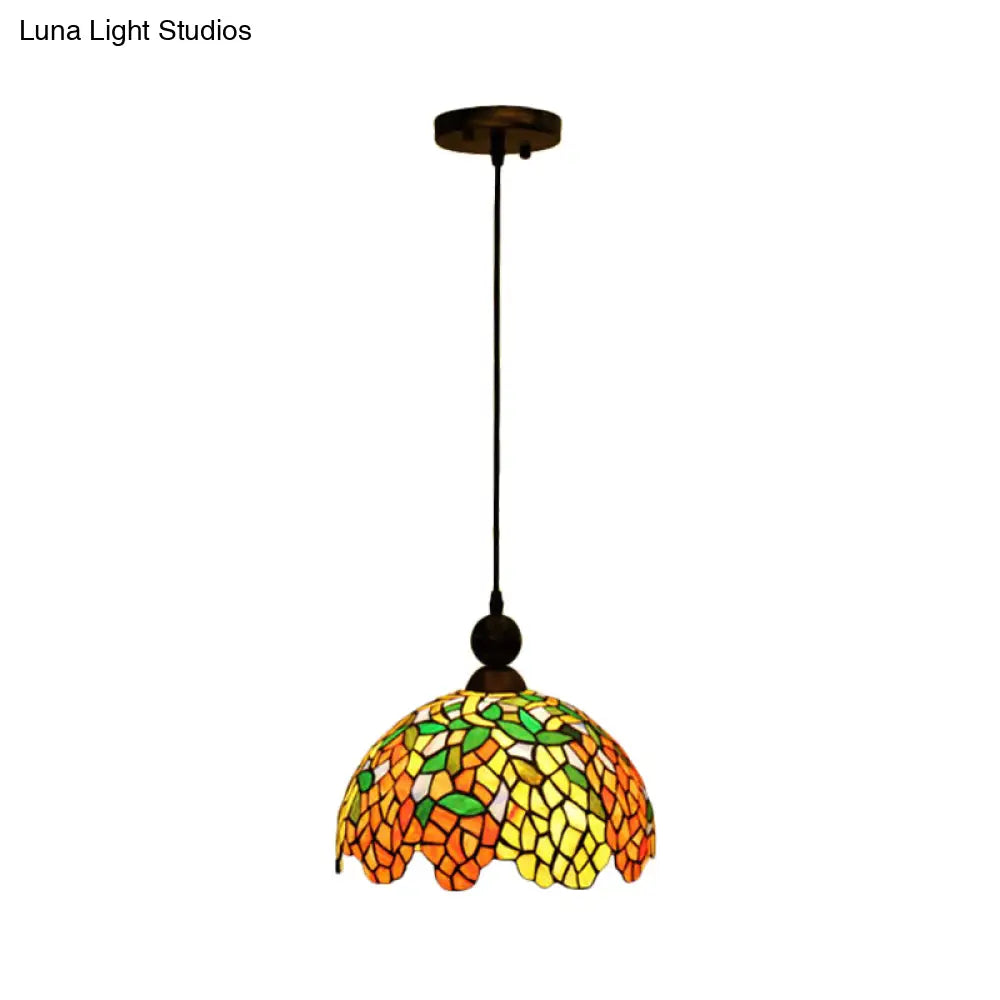 Mediterranean Stained Glass Dome Pendant Ceiling Light For Kitchen - Red