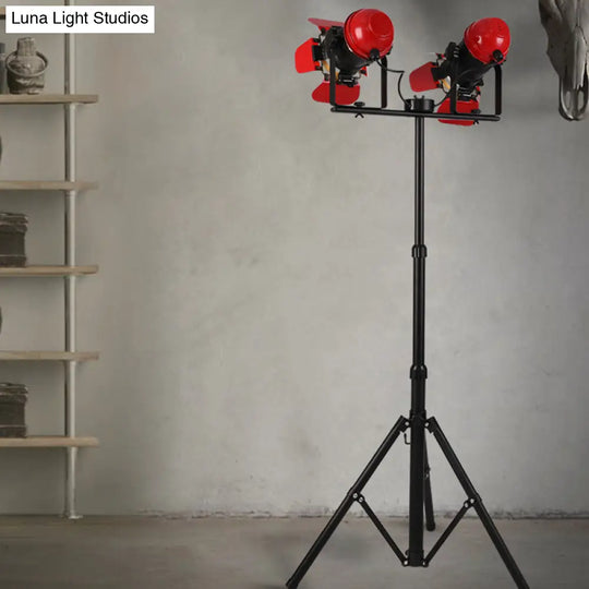 Red Tripod Design Retro Industrial Floor Lamp - 2 Lights Metallic Standing Light For Studios