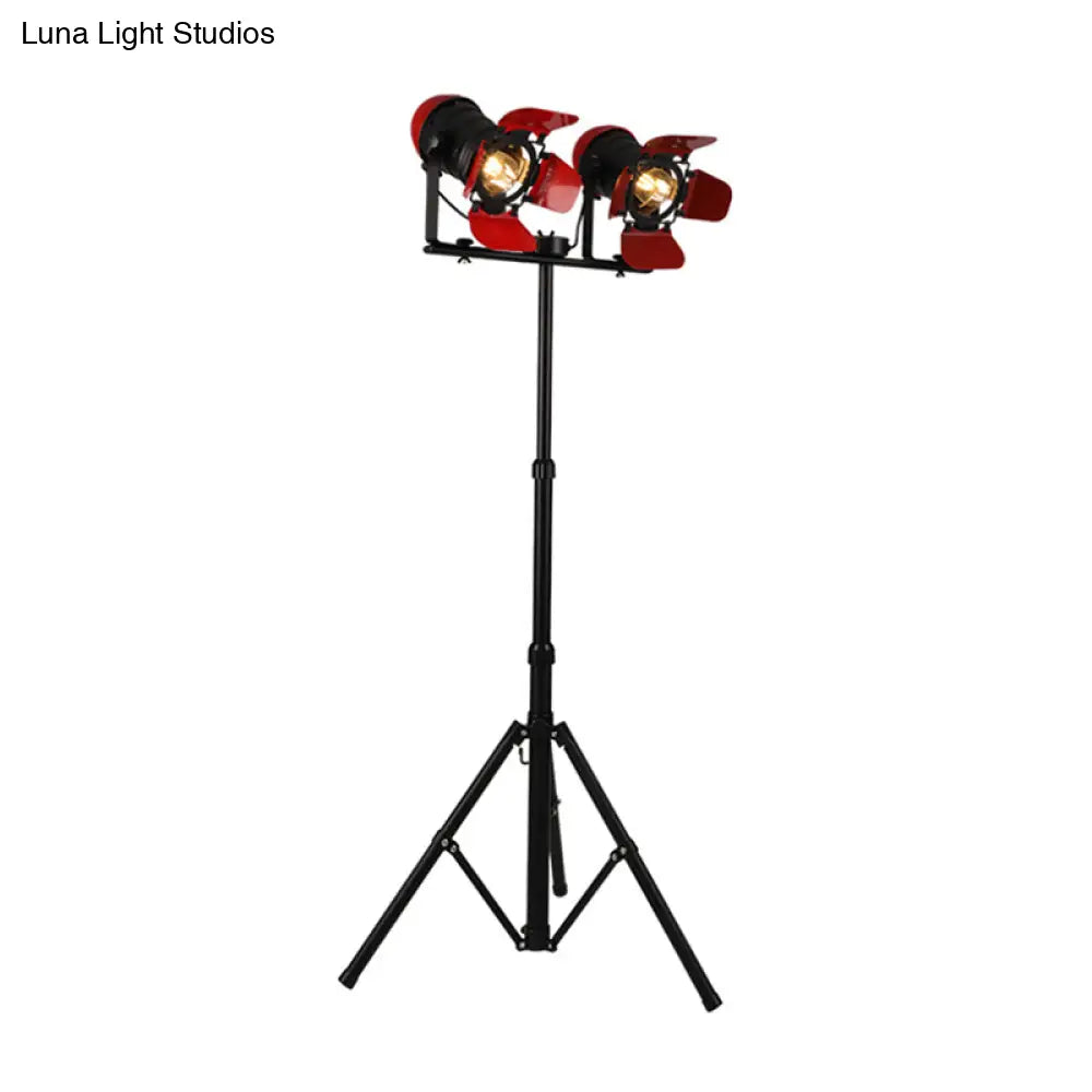 Red Tripod Design Retro Industrial Floor Lamp - 2 Lights Metallic Standing Light For Studios
