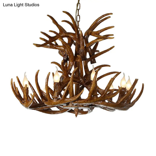 Resin Antler Chandelier Lamp - Countryside Brown 9 Lights Down Lighting Pendant For Living Room