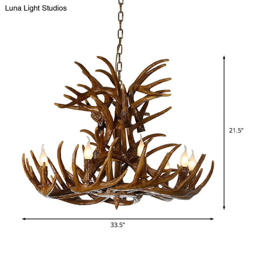 Resin Antler Chandelier Lamp - Countryside Brown 9 Lights Down Lighting Pendant For Living Room